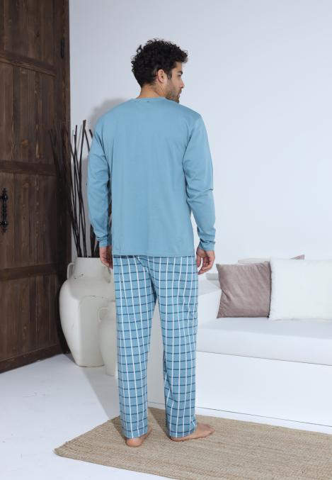 Pijama Barbati ,Maneca si Pantaloni Lungi,Culoare Turcoaz cu Alb,Engros